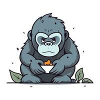 gorilla aan het eten een kom van thee. vector illustratie.