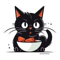 schattig zwart kat met een kom van wortels. vector illustratie.