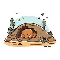 vector illustratie van een bruin beer in een grot. schattig tekenfilm stijl.
