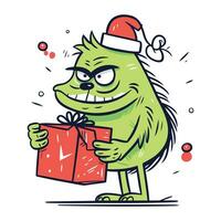 grappig monster in de kerstman hoed met geschenk doos. vector illustratie.