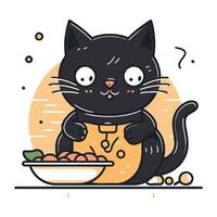 schattig zwart kat met een kom van voedsel. vector illustratie.