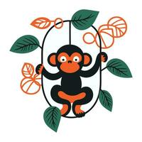 schattig tekenfilm aap zittend Aan een schommel met bladeren. vector illustratie
