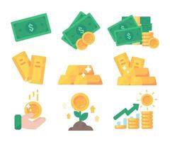 verzameling van bedrijf investering ideeën. contant geld en goud bankbiljetten vector