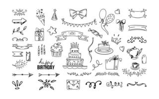 verjaardag tekening set. hand- getrokken vector gelukkig verjaardag schetsen Aan wit achtergrond. envelop, taart, ballon, ijs room, vlaggen, harten, etiketten, linten, boog, geschenk, ster.