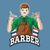 glimlachen kapper met professioneel hulpmiddelen. mascotte karakter logo. vector illustratie