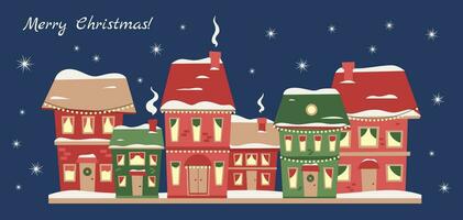 Kerstmis en nieuw jaar ansichtkaart met knus stad landschap, versierd gebouwen in de nacht met sneeuwvlokken en tekst groet. vector illustratie, uitnodiging, decoratief ansichtkaart.