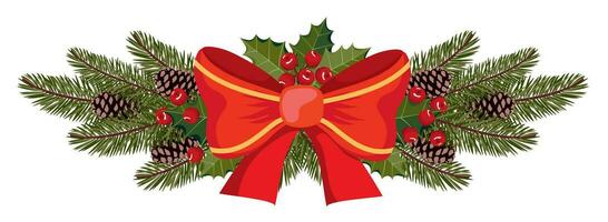slinger van Spar takken, kegels, hulst. Kerstmis decor gemaakt van pijnboom takken, hulst, kegels en een gebonden rood boog. geïllustreerd vector clip art.