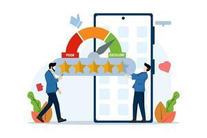 app beoordeling concept, persoon karakter geven vijf ster feedback. klant beoordelingen. met ster beoordelingen met mooi zo en slecht tarieven en tekst. technologie, klant tevredenheid, beoordelingen, ui en ux, sociaal media. vector