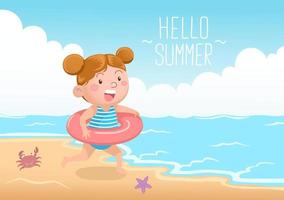 schattig meisje met zwemmende donut op het strand hallo zomer vector