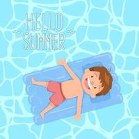 schattig kind liggend op drijvend bed hallo zomer vector