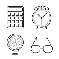 set student pictogrammen bril, globe, wekker, rekenmachine. vector