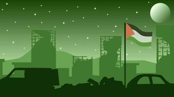 Palestina landschap vector illustratie. silhouet van vernietigd gebouwen Bij nacht met Palestina vlag. landschap illustratie van vernietigd stad voor achtergrond of behang
