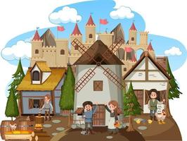 middeleeuws dorp met windmolen en dorpelingen vector