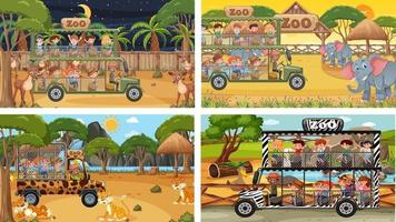 set van verschillende dieren in safariscènes met kinderen vector
