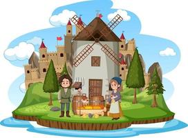 middeleeuws huis met molen en dorpelingen vector