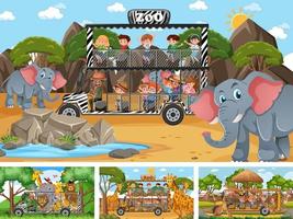 vier verschillende dierentuintaferelen met kinderen en dieren vector