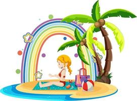 regenboog op het eiland met een meisje op het strand vector