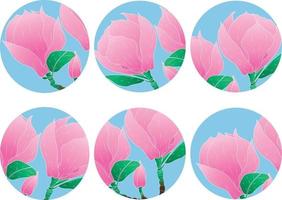 social media sjabloon met roze magnolia bloemen en knoppen op blauw. vector