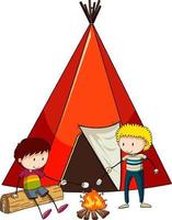 camping tent met doodle kinderen stripfiguur geïsoleerd vector