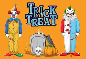 trick or treat-tekstlogo met enge clowns vector