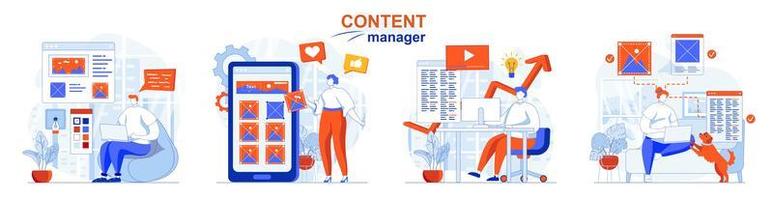 content manager concept set mensen geïsoleerde scènes in plat ontwerp vector