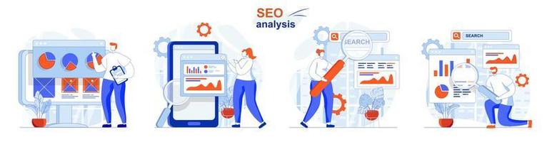 seo-analyseconcept stel mensen geïsoleerde scènes in plat ontwerp in vector