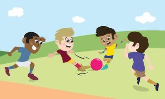 jongens van gemengd ras die voetbal of voetbal spelen in de speeltuin vector
