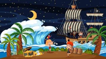 Treasure Island-scène 's nachts met piratenkinderen vector