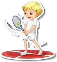 stripfiguur sticker met een jongen die tennis speelt vector