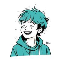 vector illustratie van een glimlachen jongen met blauw haar- in een blauw capuchon.