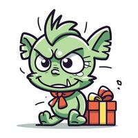 boos monster met geschenk doos. schattig tekenfilm vector illustratie.
