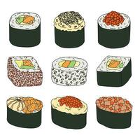 hand- getrokken sushi. Japans traditioneel keuken borden. Aziatisch voedsel clip art reeks vector