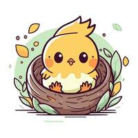 schattig weinig kuiken in een nest met bladeren. vector illustratie.