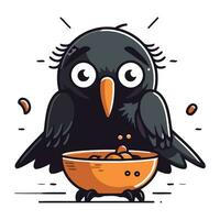 schattig zwart kraai aan het eten van een kom van granen. vector illustratie.