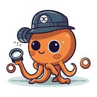 Octopus in Politie hoed en vergroten glas. tekenfilm vector illustratie.