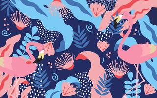 Tropische jungle bladeren en bloemen poster achtergrond met flamingo&#39;s