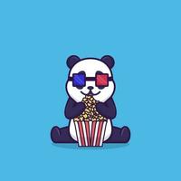 schattige panda kijkt naar bioscoop die popcorn eet vector