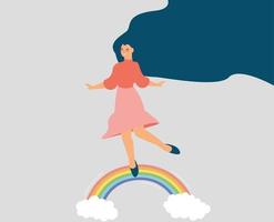 vrouw verspreidt een positieve sfeer en loopt met geluk op de regenboog. vector