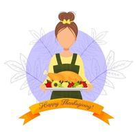 wenskaart met schattig meisje met kalkoen happy thanksgiving vector