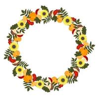 herfstframe met pompoenen, zonnebloemen, paddenstoelen en bladeren vector