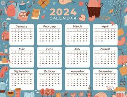 afdrukbare hand- getrokken een vel kalender voor 2024 jaar. kalender rooster sjabloon van 12 maanden, zondag eerst. vector illustratie met hand- getrokken knus dingen in modieus vlak stijl.
