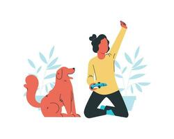 een meisje spelen video spellen met hond. vlak vector illustratie.