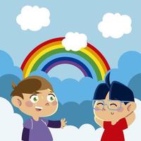 kleine jongens karakter regenboog wolken lucht tekenfilm, kinderen vector