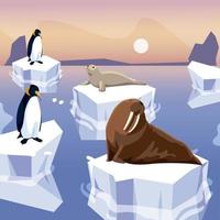 walrus zeehond en pinguïns staande op ijsberg noordpool vector