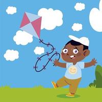kleine jongen spelen met vlieger in de tuin tekenfilm, kinderen vector