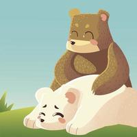 schattige beer en ijsbeer rusten in het gras tekenfilm dieren vector