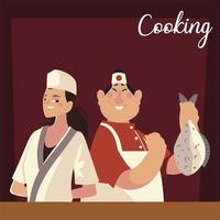 Aziatische mannelijke en vrouwelijke chef-koks professioneel restaurant vector