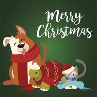 vrolijk kerstfeest schattige hond schildpad en kat met sjaals cartoon vector