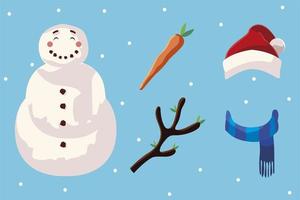 vrolijk kerstfeest sneeuwpop met icon set vector design