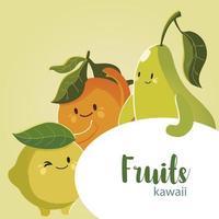 fruit kawaii grappig gezicht geluk schattig peer sinaasappel en citroen vector